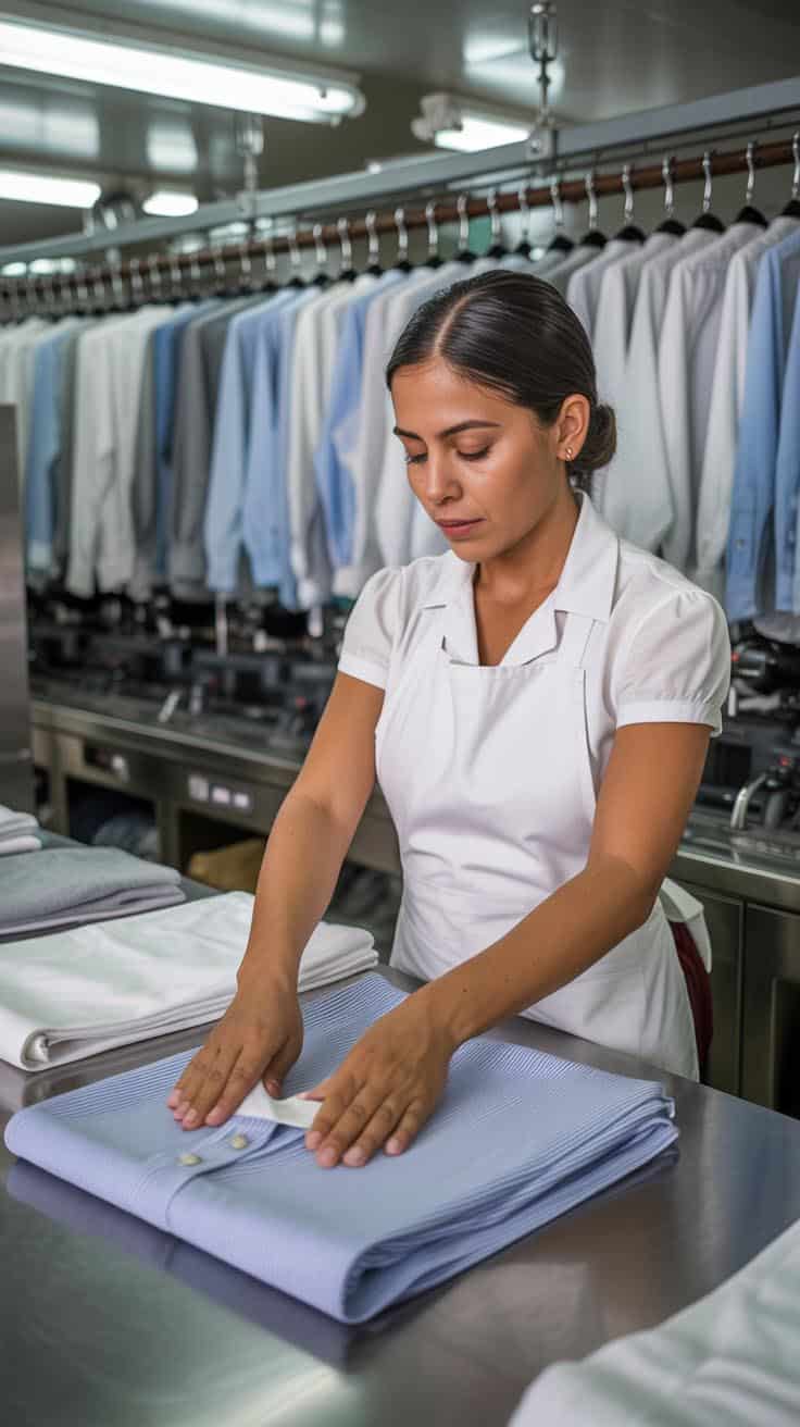 about-side Woman folding laundry at Spartan Dry Cleaners